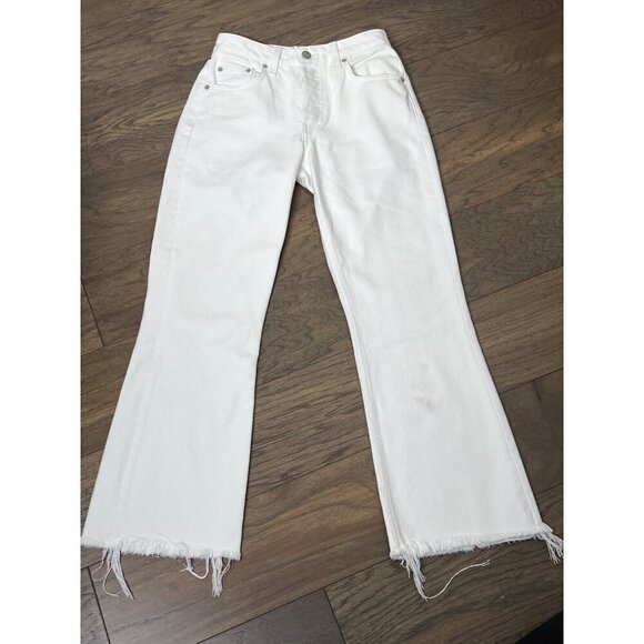 REFORMATION Mid-Rise Crop Flare Jeans White Raw Hem Button Fly Sz 24 LY015 - Picture 1 of 8